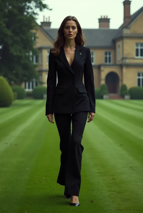 Woman wearing black suit walking at the lawn, Vintage concept Film tone