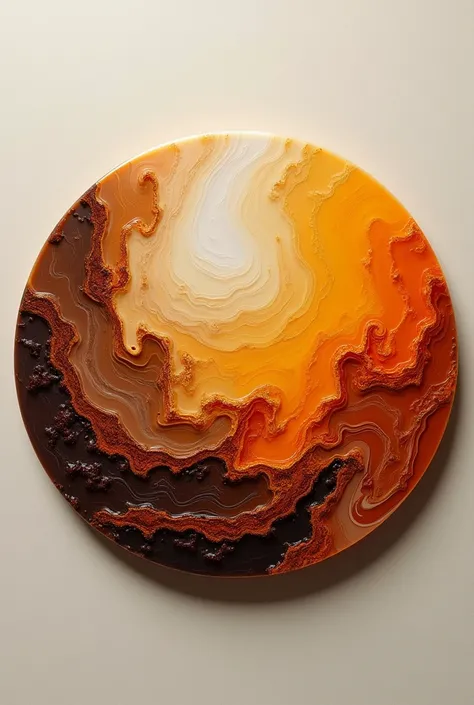 Create a resin art coaster 9.72 inches in circle with brown and light brown colors are complicated to the orangish yellow colour pigment