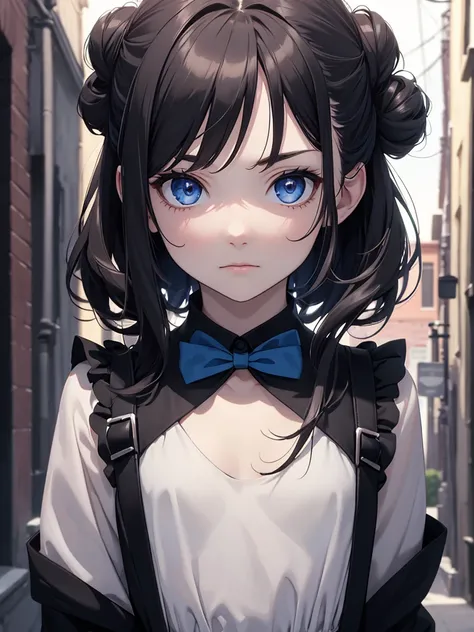 (8K, Best Quality, Masterpiece, Ultra High Resolution) Single Person, 1 Girl, , Young, Small Child, Cute Eyes, Face Details, Pale Skin, Slender, Short, Flat Chest, Dark Black Hair, Hair Buns, Blue Eyes, Hair Bow, Black Dress, Dark Alleyway, Best Quality, U...