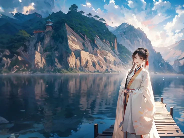 best quality，people wearing hanfu standing on the boat ， people in hanfu, chinese, 穿着ancient china的衣服, ancient china, 身着ancient ...