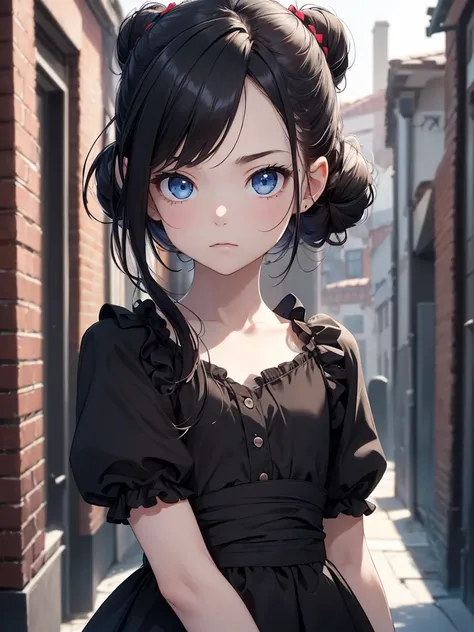 (8K, Best Quality, Masterpiece, Ultra High Resolution) Single Person, 1 Girl, , Young, Small Child, Cute Eyes, Face Details, Pale Skin, Slender, Short, Flat Chest, Dark Black Hair, Hair Buns, Blue Eyes, Hair Bow, Black Dress, Dark Alleyway, Best Quality, U...