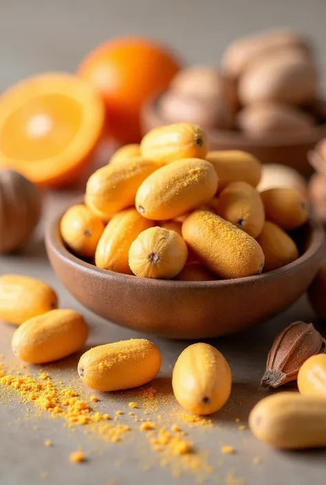 orange cheese powder coated macadamia nuts, put in bowl, There are some macadamia nuts in shell., near angle
