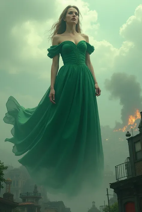 A giant women wearing green satin elegant dress  destroying city