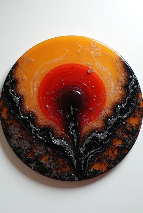 Create a resin art coaster 9.72 inches in circle with blood red and maroon color with black and white colors are complicated to the orangish yellow colour pigment