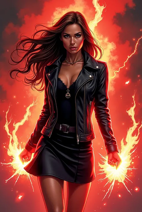 Woman age27 hair color brown wear a jacket black and wear black skirt skin color tan serious face have using a power red chaos magic like scarlet witch Make it in marvel comic panel