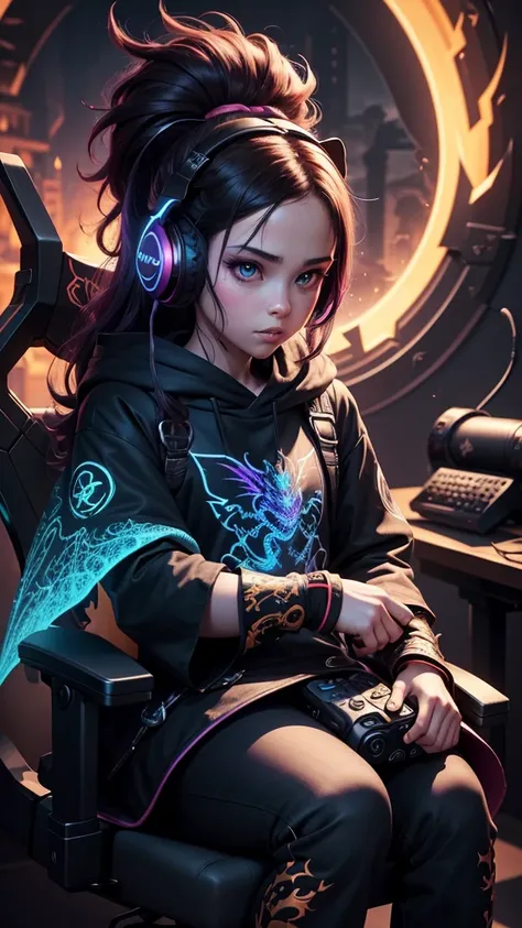 A mesmerizing, vibrant, dark fantasy-themed digital illustration by a talented artist that immerses the viewer in an epic gaming universe. An endearing Baby Dragon, dressed in a "PEQCONT" T-shirt and sporting a stylish gaming headset adorned with neon deta...