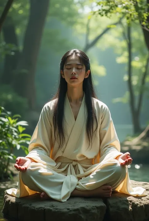 A Chinese men meditating,who is young and has long hair,he look feminine a little less feminine 