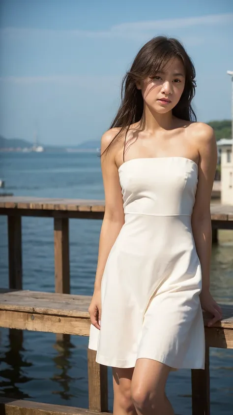 Masterpiece, best quality, ultra high resolution, hyper realistic, realistic, (photorealistic:1.4), masterpiece of analog film photograph a girl in the dock, seaside, expressionless, wearing white dress, taken by Hideaki Hamada using Pentax 67II and Kodak ...