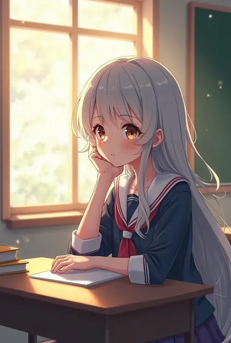 A silver-haired, brown-eyed, pale-skinned anime ladies in a magic school uniform was writing on a desk in the classroom next to the window, in morning shine And the wind blows, From a side view angle, while resting her hand on her chin. (9:16).