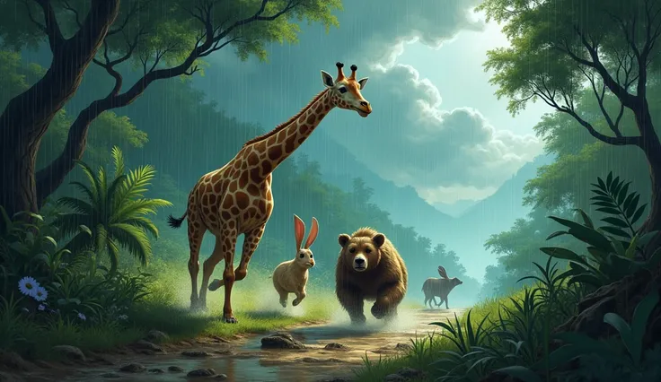 draw a giraffe, dear,rabbit and bear who are running towards their houses in the jungle due to heavy storm