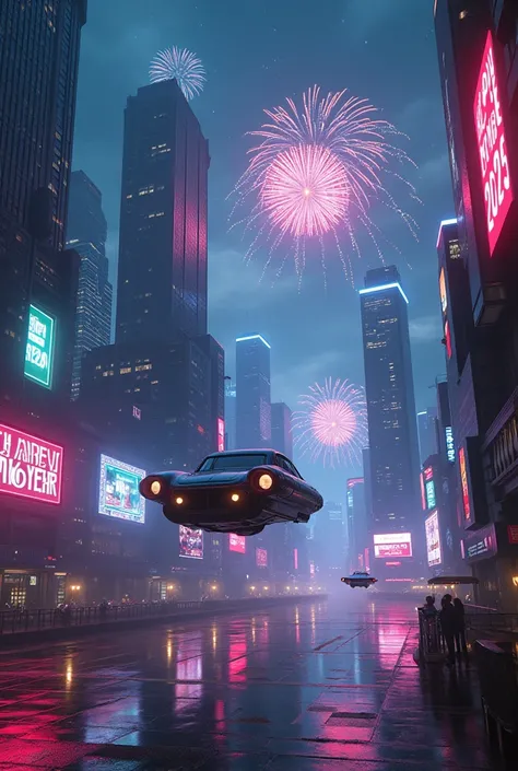 A cityscape at night with holographic billboards displaying "Happy New Year 2025" in bright, futuristic fonts, flying cars zooming by, and vibrant fireworks illuminating the sky.