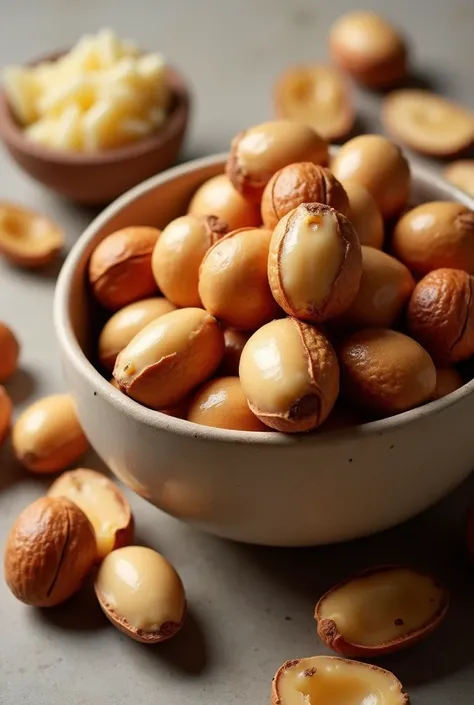 creamy vanilla macadamia nuts, put in bowl, There are some macadamia nuts in shell., near angle