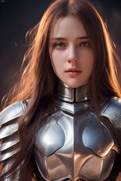 a beautiful woman in a knights armor, detailed facial features, long hair, intricate armor, medieval fantasy, cinematic lighting, highly detailed, photorealistic, 8k, hyper detailed, dramatic lighting, epic, masterpiece