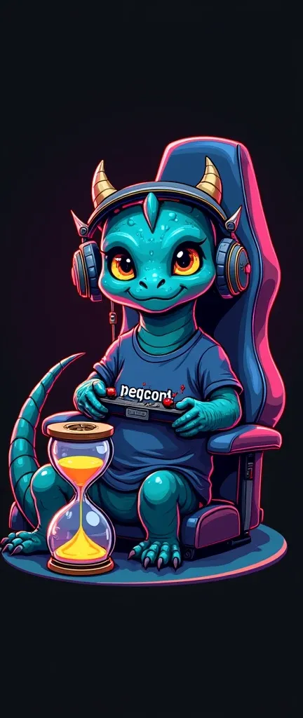 A mesmerizing, vibrant, dark fantasy-themed digital illustration by a talented artist that immerses the viewer in an epic gaming universe. An endearing Baby Dragon, dressed in a "PEQCONT" T-shirt and sporting a stylish gaming headset adorned with neon deta...