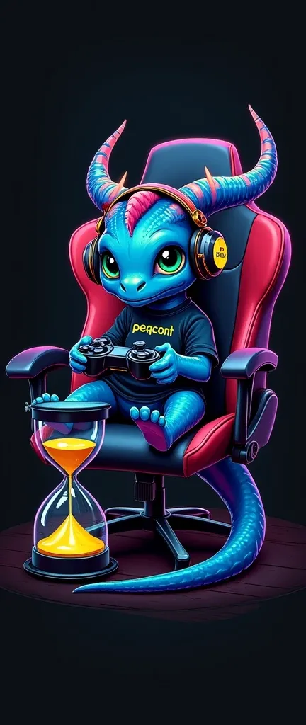 A mesmerizing, vibrant, dark fantasy-themed digital illustration by a talented artist that immerses the viewer in an epic gaming universe. An endearing Baby Dragon, dressed in a "PEQCONT" T-shirt and sporting a stylish gaming headset adorned with neon deta...