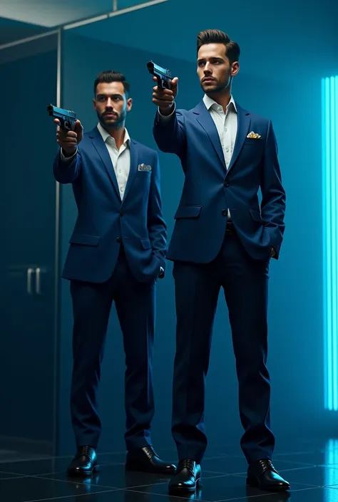 Handsome men in blue dress and 9mm pistol floor is black and light is blue