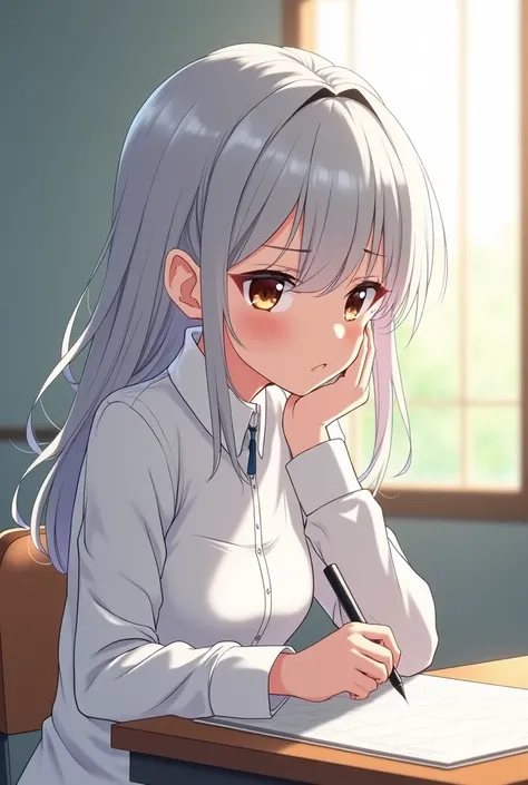 A silver-haired, brown-eyed, pale-skinned anime ladies in a magic school white uniform was writing in the classroom next to the window, in morning shine And the wind blows, From a side view angle, while resting her hand on her chin