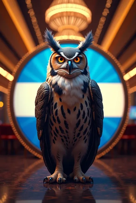 Owl man logo with argentine flag circular background 8k 4d in a casino