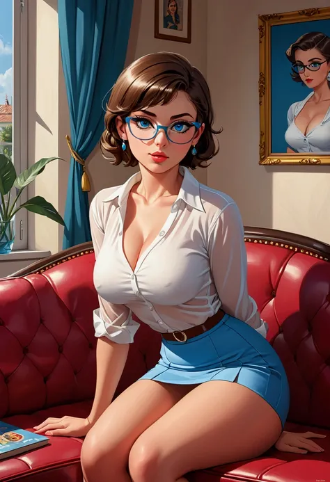 20 years old woman, Short brown hair, Méditerranéenne aux blue eye, Generous and heavy breasts, slender waist, estomac defini, fesses rebondies et pulpeuses, naturally curved, muscular thighs, aguicheuse, sitting on a sofa , mini skirt and white transparen...