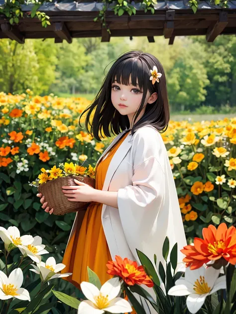 red and orange blossom, woman with flowers in her hair, dark hair, organic and natural composition, flower field