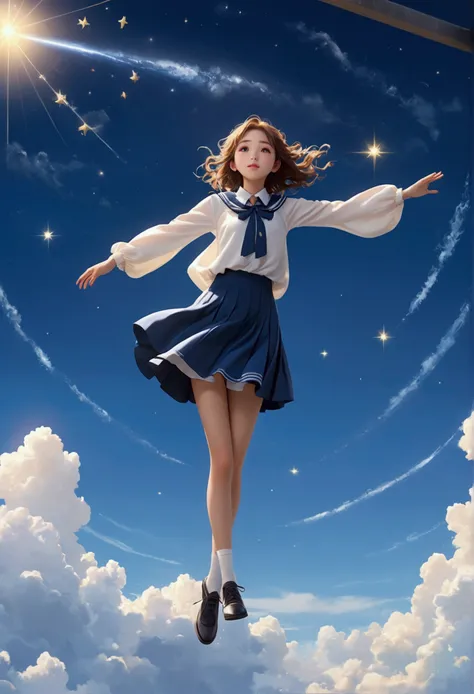 (masterpiece、Highest quality、High resolution、8k)、alone、High school girls、Standing posture、whole body、so beautiful、(floating in the sky like a star、floating、floating)、