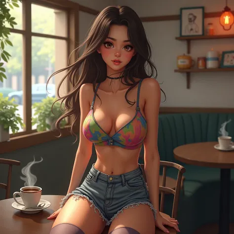 (realistic, high resolution:1.3), 1 girl with perfect figure, super fine face and eyes, long hair, tank top: 1.2 in random colors, short jeans, in a café, coffee on the table, big breasts, exposed cleavage,(20d:1.2),(thigh highs:1.4)