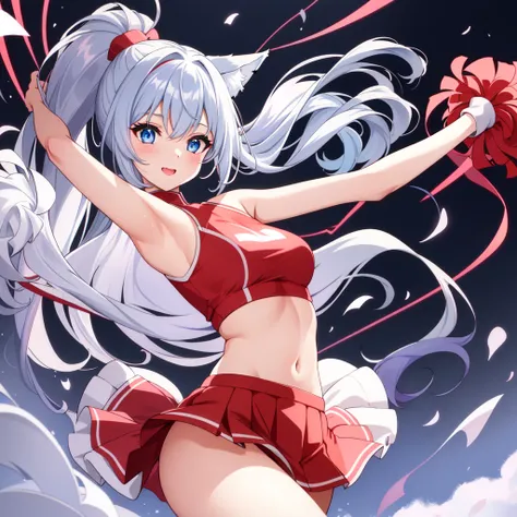 masterpiece,Highest quality,high definition,High resolution,4K,8k,Ultra high definition,Anime illustration style、one girl,Bright anime style illustrations、Silver hair, fox ears, blue eyes, hair tied in a high ponytail、It depicts a cheerful girl with a big ...