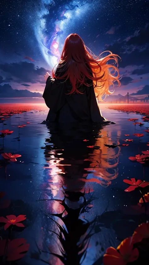 
Red-haired woman with long hair，flowing coat， Silhouette， Rear view，Space sky, Starry Sky，rainbow，Flower Field，Colorful water