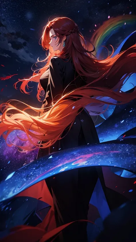 
Red-haired woman with long hair，flowing coat， Silhouette， Rear view，Space sky, Starry Sky，rainbow，Flower Field，Colorful water