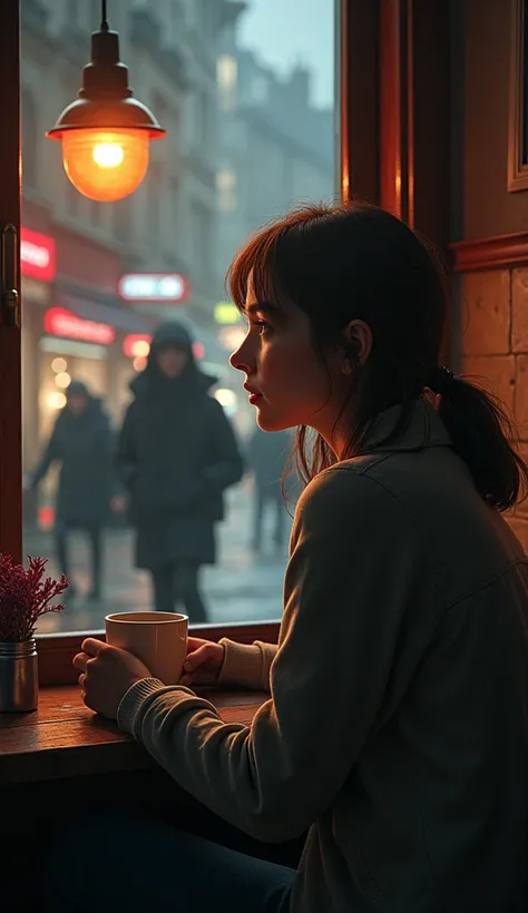 A cozy café interior with warm lighting, but with a cold, unsettling twist. A young woman sits near a window with a coffee cup in hand, looking outside. Across the street, through the window, a shadowy figure stands completely still amidst bustling pedestr...