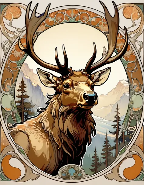 ccxl-mucha, art style, elk, portrait