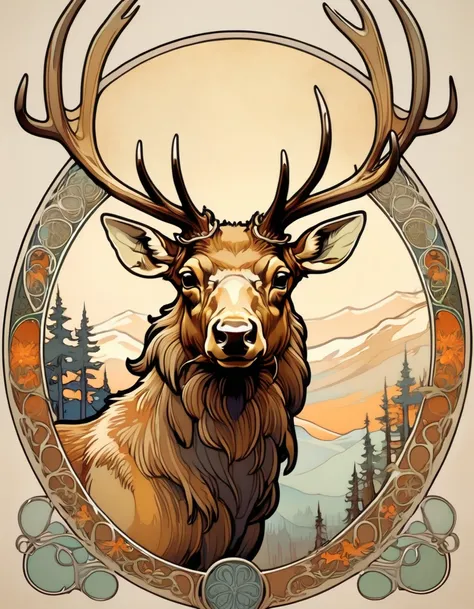 ccxl-mucha, art style, elk, portrait