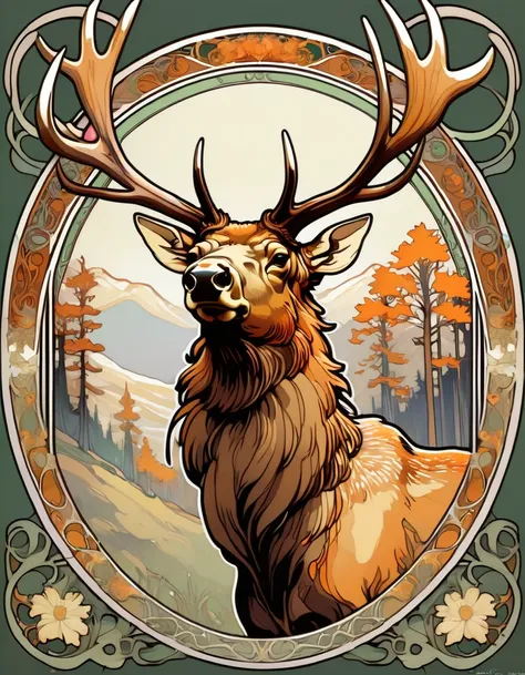 ccxl-mucha, art style, elk, portrait