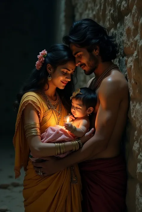 Devaki and Vasudev sitting with the newborn Krishna in the dark of the prison