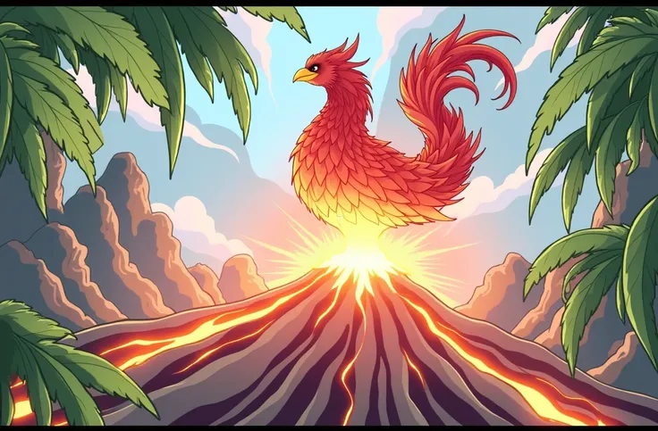 Phoenix bursting out of a volcano