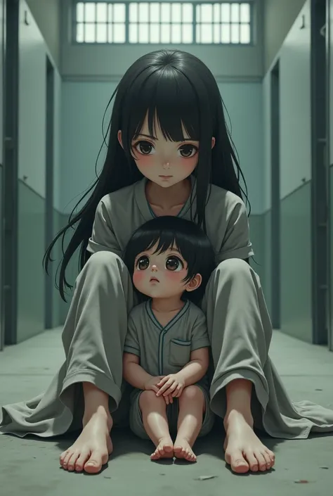 Barefoot anime woman and toddler in grey prison jumpsuits 