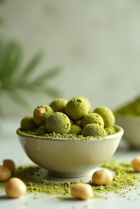 Many round and smooth macadamia nuts, cover with lots of green tea powder, put in bowl, near angle.