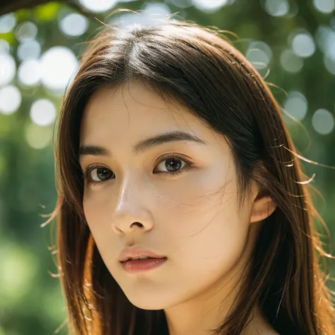 A hyper-realistic image of a single Japanese woman in her early 20s, captured with the nostalgic warmth and subtle graininess of a film camera. Her skin has a warm beige tone with a natural, slightly rough texture that includes visible pores, fine lines, a...