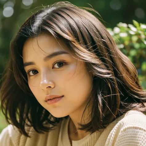 A hyper-realistic image of a single Japanese woman in her early 20s, captured with the nostalgic warmth and subtle graininess of a film camera. Her skin has a warm beige tone with a natural, slightly rough texture that includes visible pores, fine lines, a...