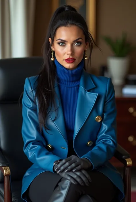 photo of  a soaked and sweaty completly clothed horny prime minister of parliament woman with a  sensual smile sitting on a office leather chair on  her desk  legs crossed ,waitin for the man she loves , monica bellucci at 3 , ((incredibly clear blue eyes ...