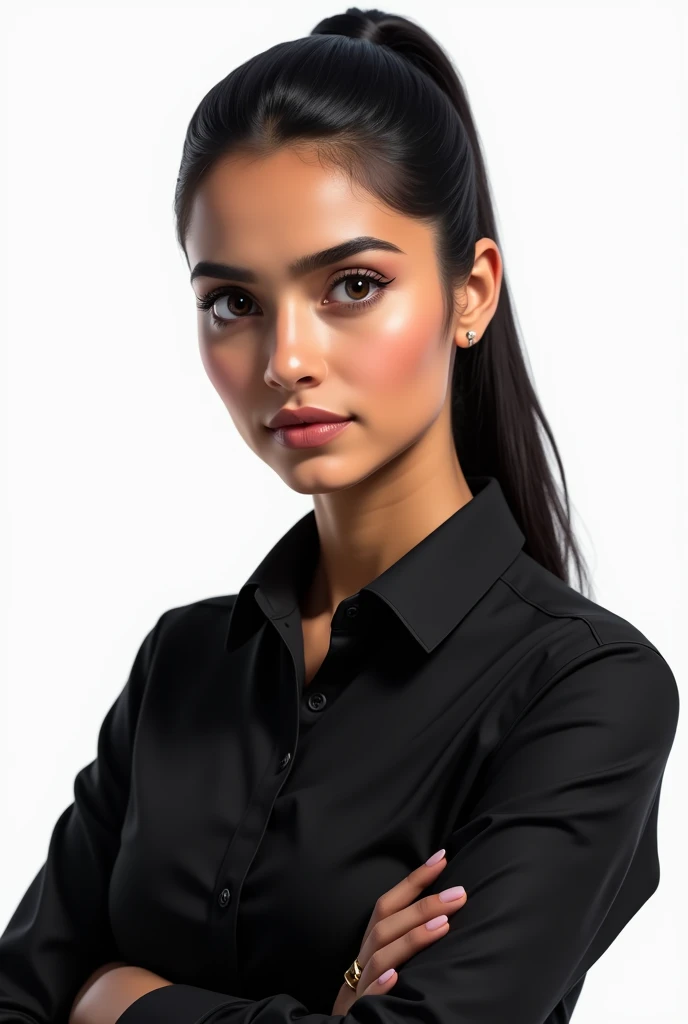 24  old single Pakistani girl with black shirt looking professional and white background with neat long hair tight poni