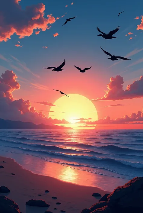 A sea shore in which the sun is seen setting due to which the sky appears blue  in colour and there are some clouds in the sky, the sea shore appears red in colour, some birds are flying in front of the sun