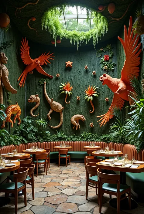 Jungle theme resturant decor and also wall sculpture on few walls 

