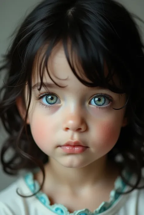 Little child girl dark hair and blue green eyes 
Very realistic photo
