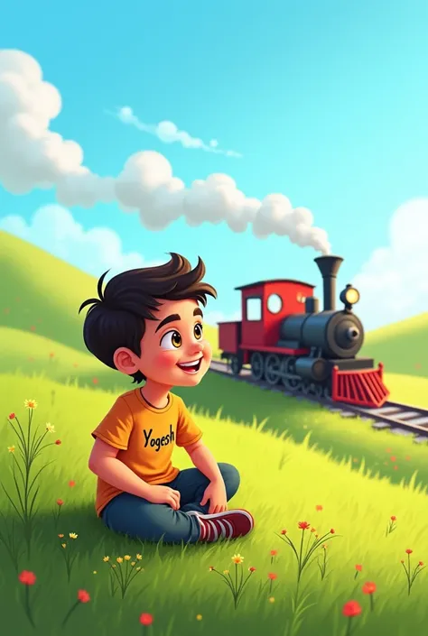  1 boy sit on the grass and enjoy train his name is yogesh write t shirt 2d cartoon 