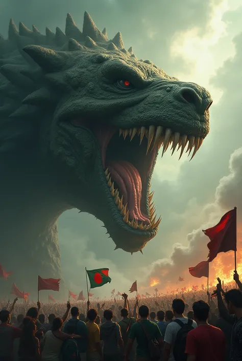 Create an image depicting the map of India as a monstrous creature with a fierce expression, reaching out to devour the map of Bangladesh. In response, show the people of Bangladesh, represented as a determined crowd, actively protesting against the Indian...