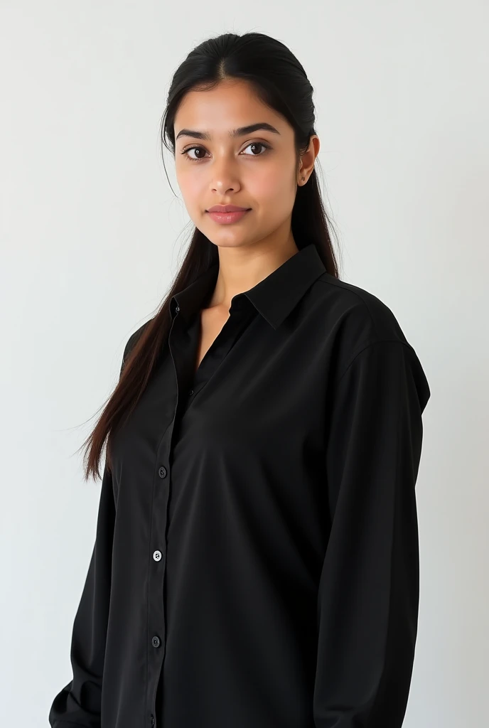 24  old single realistic Pakistani girl standing straight with black shirt looking professional and white background with neat long hair tight poni