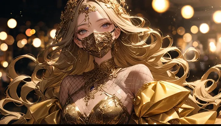 Supermodel with detailed long, curly, flowing hair, Dressed in golden clothes (Translucent and exquisitely embroidered) (Metallic Surgical Mesh Mask) Cover your face, ((mouth is hidden)), wearing strange future fashion,  Luxurious and exquisite gold accent...