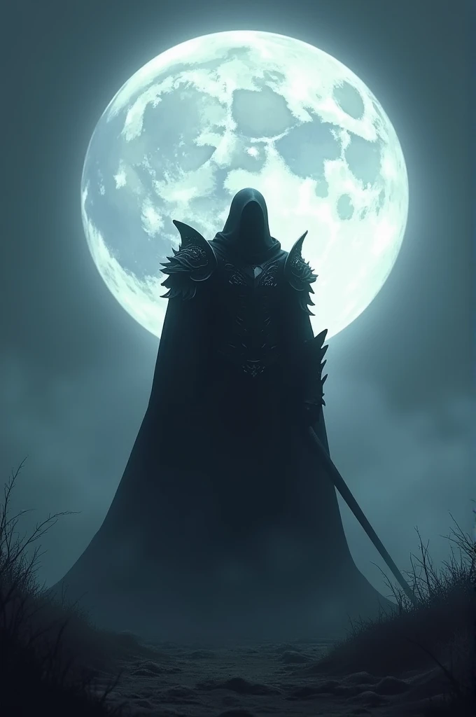 A shadow knight standing in front of big moon at night