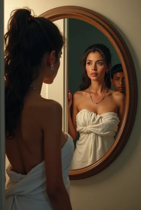 A 40-year-old Indian woman, who has a towel wrapped around her body after a shower, stands in front of a mirror and looks at herself in a round mirror after a shower., with seductive facial expressions. And A 1 Indian boy, wearing a t-shirt and short pants...